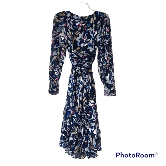 DKNY Floral Long Sheer Sleeve A Line Midi Modest Belted Dress 2 Navy - Picture 13 of 13